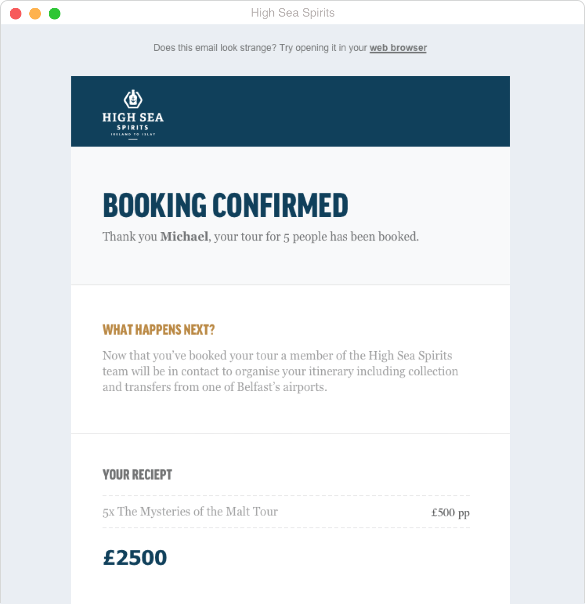 Email Confirmation of High Sea Spirits Booking